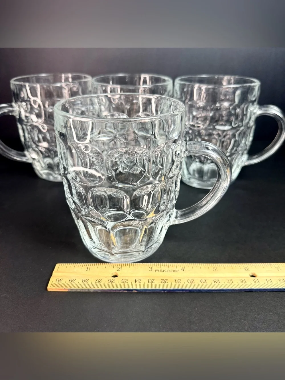 Vintage SET of 4 VINTAGE LUMINARC FRANCE CLEAR GLASS THUMBPRINT BEER MUGS 5